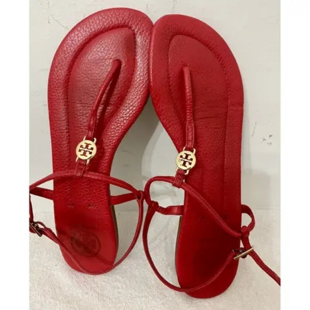 Tory Burch Designer Emmy Red Gold Sandals T Strap 8 - Picture 6 of 11